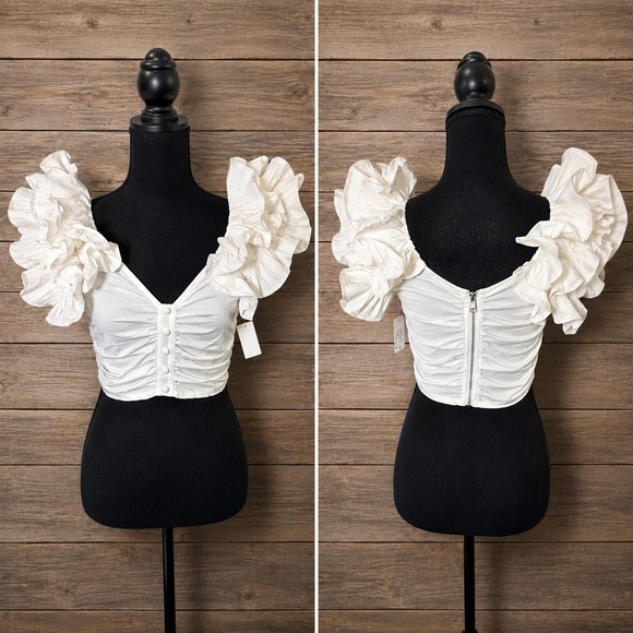 AKIRA Tops - NWT Akira Ruffle Sleeve Crop Top Small Off Shoulder Ruched Fairy Coquette Indie
